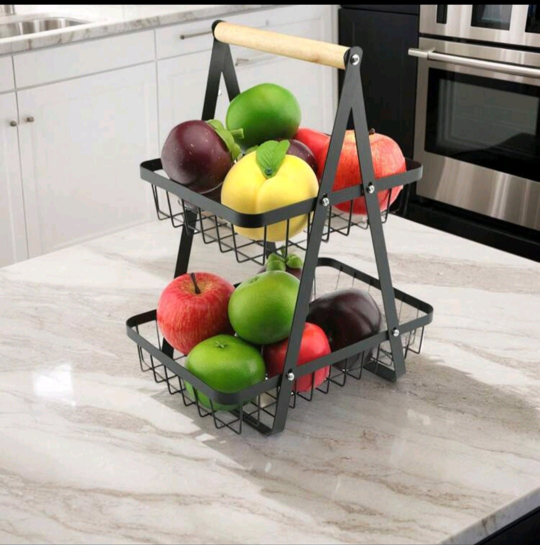 2/3‑Tier Wooden Handle Fruit Basket