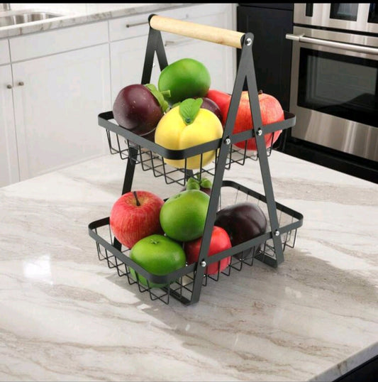 2/3‑Tier Wooden Handle Fruit Basket