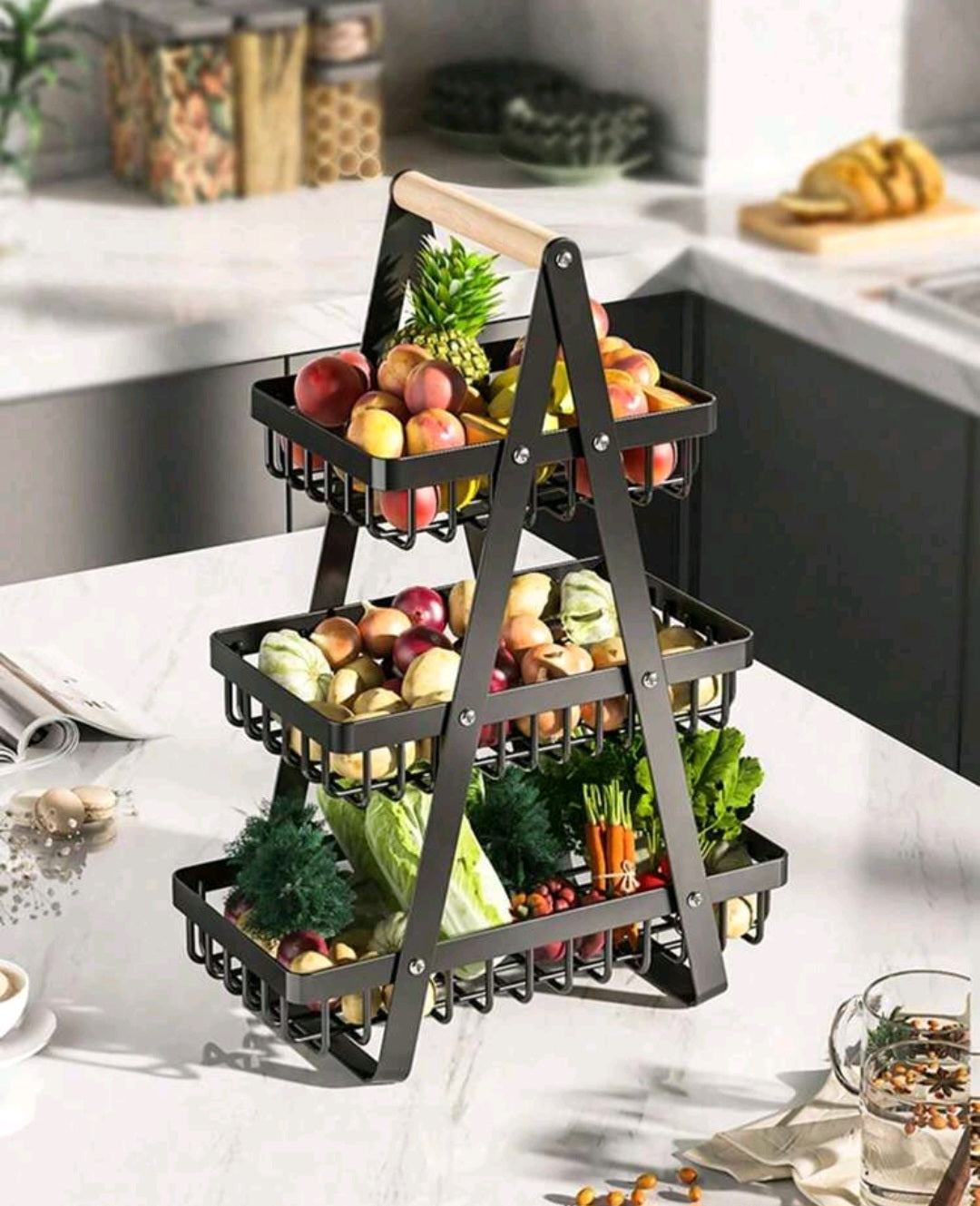 2/3‑Tier Wooden Handle Fruit Basket